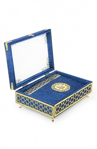 صندوق مهر مغطى بالمخمل شبكي شفاف مع طقم قرآن على الصدر أزرق داكن 4897654305754 4897654305754