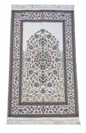 Geleneksel Çiçek Desenli Dokuma Seccade Beyaz 4897654305843