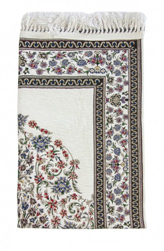 Geleneksel Çiçek Desenli Dokuma Seccade Beyaz 4897654305843