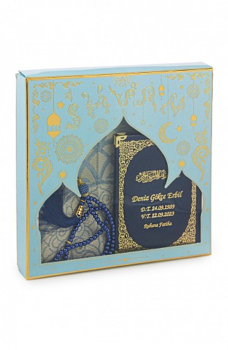 Navy Blue 50 Pieces Name Printed Leather Bound Bag Size Yasin Book Prayer Mat Set Mevlit Gift 4897654305909 4897654305909