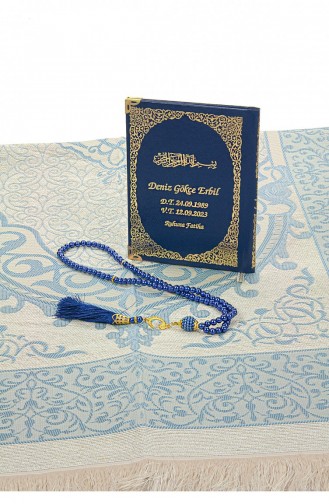Navy Blue 50 Pieces Name Printed Leather Bound Bag Size Yasin Book Prayer Mat Set Mevlit Gift 4897654305909 4897654305909