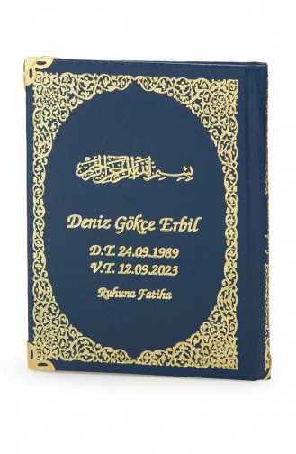 Navy Blue 50 Pieces Name Printed Leather Bound Bag Size Yasin Book Prayer Mat Set Mevlit Gift 4897654305909 4897654305909