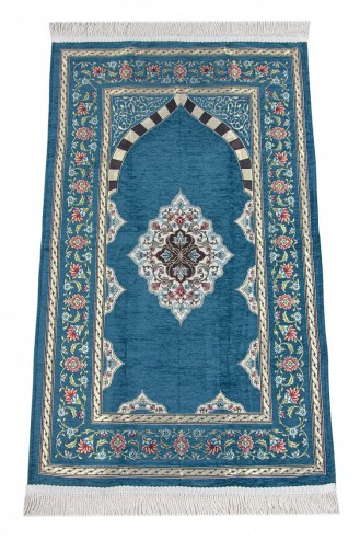Turquoise Flower Motifed Mihrab Lined Chenille Prayer Rug 4897654306108 4897654306108