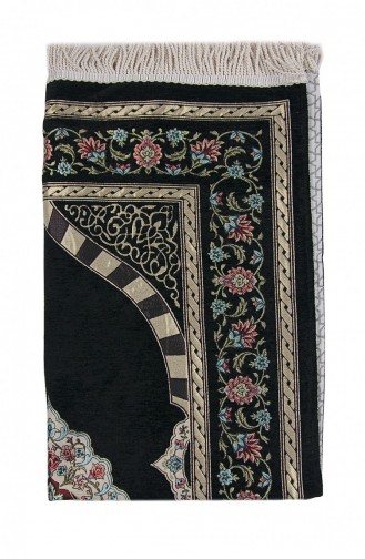 Black Flower Motifed Mihrab Lined Chenille Prayer Rug 4897654306111 4897654306111