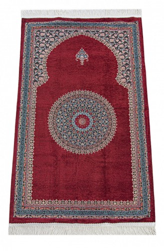 Claret Red Traditional Motif Knitted Fringed Mihrab Lined Chenille Prayer Rug 4897654306112 4897654306112