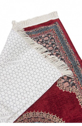 Weinroter Gebetsteppich Aus Chenille Mit Traditionellem Motiv Gestrickt Mit Fransen Und Mihrab-Futter 4897654306112 4897654306112