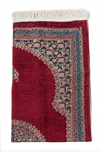 Claret Red Traditional Motif Knitted Fringed Mihrab Lined Chenille Prayer Rug 4897654306112 4897654306112