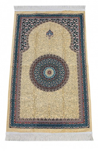 Cream Traditional Motif Knitted Fringed Mihrab Lined Chenille Prayer Rug 4897654306114 4897654306114