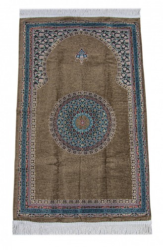 Brown Traditional Motif Knitted Fringed Mihrab Lined Chenille Prayer Rug 4897654306116 4897654306116