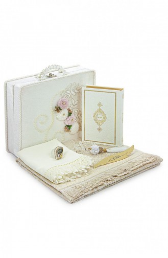 Boxed Flower Detailed Dowry Prayer Rug Set Suitable For Bridal Bundle Gift Shawl Quran Set White 4897654306573 4897654306573