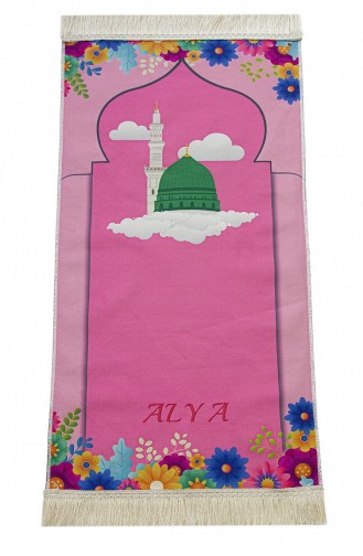 Name-Custom Embroidered Masjid Nabawi Flower Patterned Children`s Prayer Rug Pink 4897654306682 4897654306682