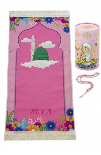 Ensemble De Tapis De Prière Pour Enfants En Boîte Cylindrique Avec Perles De Prière Et Nom Brodé Personnalisé Rose 4897654306854 4897654306854