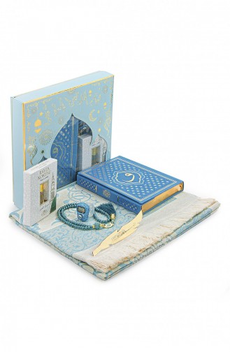 Ensemble De Tapis De Prière Et Coran Arabe En Cuir Thermo à Motifs Bleu Vav 4897654306855 4897654306855