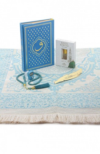 Ensemble De Tapis De Prière Et Coran Arabe En Cuir Thermo à Motifs Bleu Vav 4897654306855 4897654306855