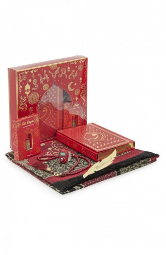 Red Vav Patterned Thermo Leather Arabic Quran And Prayer Mat Set 4897654306857 4897654306857