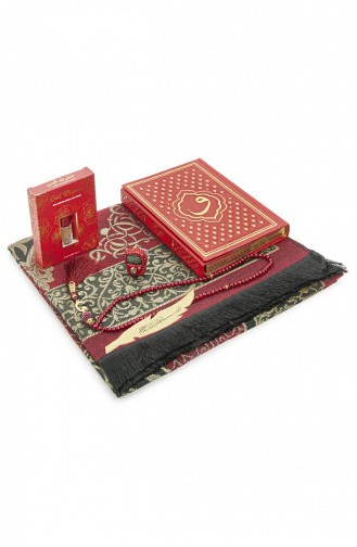 Red Vav Patterned Thermo Leather Arabic Quran And Prayer Mat Set 4897654306857 4897654306857