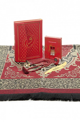 Red Vav Patterned Thermo Leather Arabic Quran And Prayer Mat Set 4897654306857 4897654306857