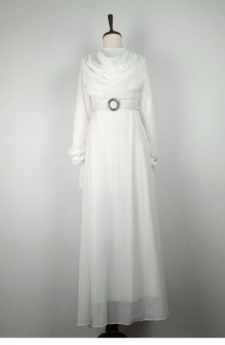 Drape Detaylı Şifon Elbise Beyaz 7841