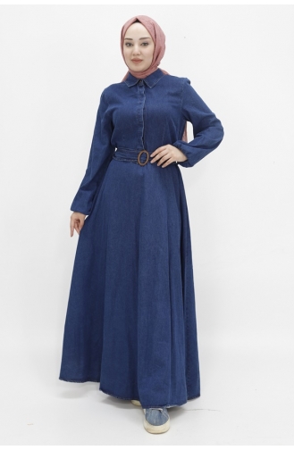 فستان جينز للحجاب بأكمام واسعة وحزام للحزام 1660-01 لون أزرق داكن من الجينز 1660-01