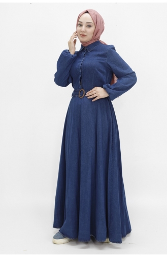 Balloon Sleeve And Belted Hijab Denim Dress 1660-01 Dark Denim Blue 1660-01