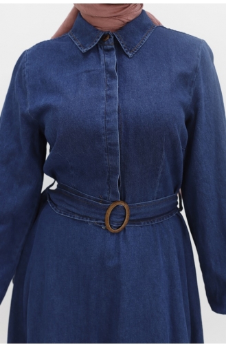 Balloon Sleeve And Belted Hijab Denim Dress 1660-01 Dark Denim Blue 1660-01