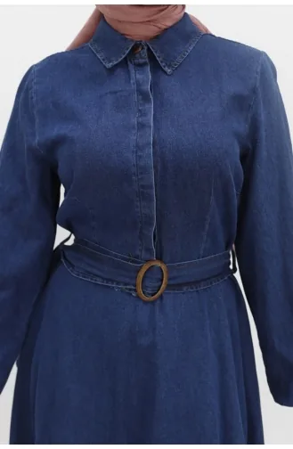 Balloon Sleeve And Belted Hijab Denim Dress 1660-01 Dark Denim Blue 1660-01