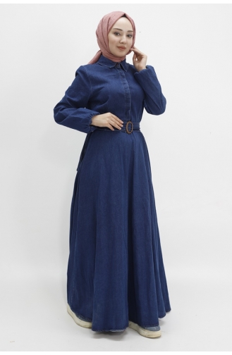 Balloon Sleeve And Belted Hijab Denim Dress 1660-01 Dark Denim Blue 1660-01