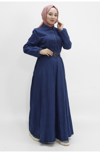 Hijab-Jeanskleid Mit Ballonärmeln Und Gürtel 1660-01 Dunkles Denimblau 1660-01