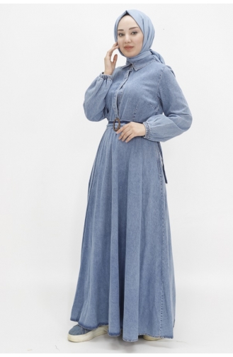Robe En Jean Hijab Avec Manches Ballon Et Ceinturée 1660-02 Bleu Glace 1660-02