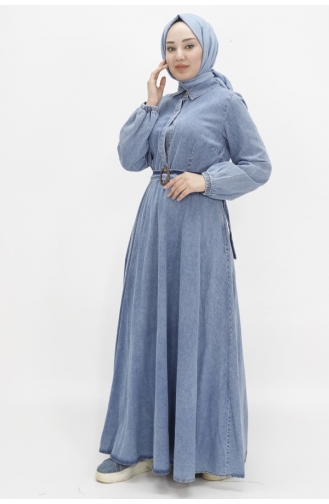 Balloon Sleeve And Belted Hijab Denim Dress 1660-02 Ice Blue 1660-02