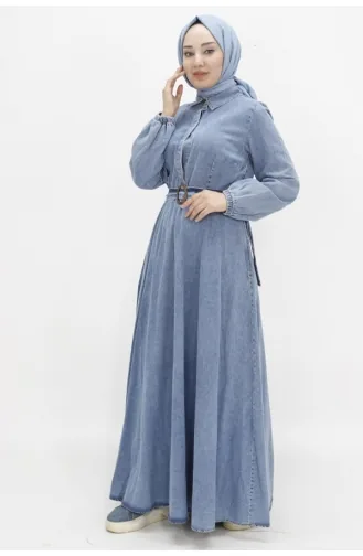 Robe En Jean Hijab Avec Manches Ballon Et Ceinturée 1660-02 Bleu Glace 1660-02