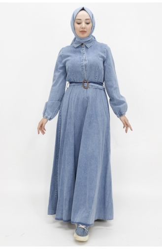 Robe En Jean Hijab Avec Manches Ballon Et Ceinturée 1660-02 Bleu Glace 1660-02