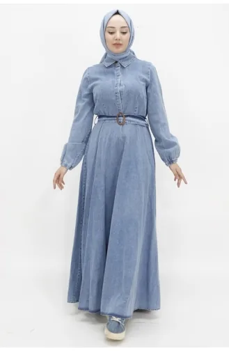 Robe En Jean Hijab Avec Manches Ballon Et Ceinturée 1660-02 Bleu Glace 1660-02