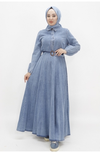 Robe En Jean Hijab Avec Manches Ballon Et Ceinturée 1660-02 Bleu Glace 1660-02