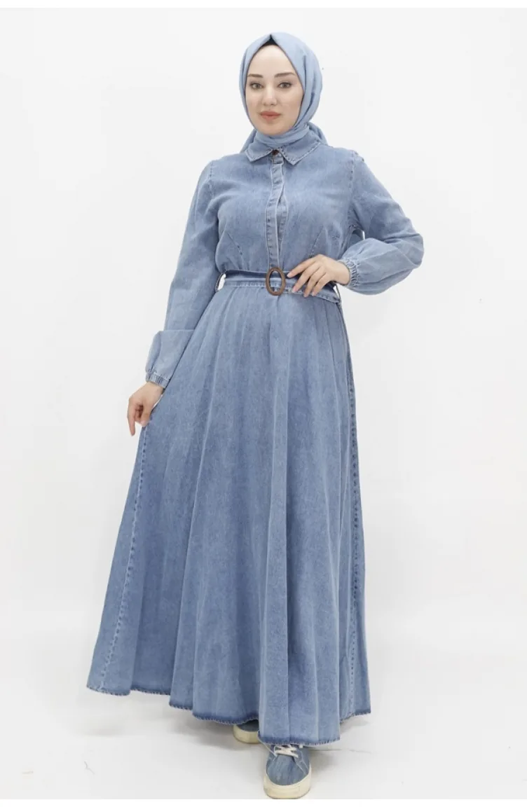 Robe En Jean Hijab Avec Manches Ballon Et Ceinturée 1660-02 Bleu Glace 1660-02