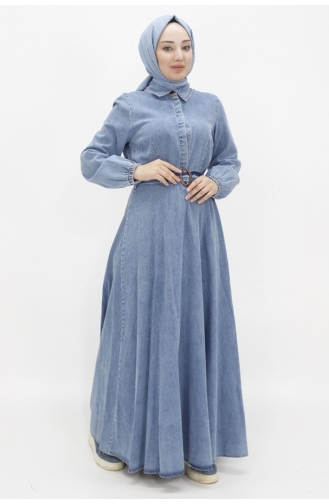 Robe En Jean Hijab Avec Manches Ballon Et Ceinturée 1660-02 Bleu Glace 1660-02