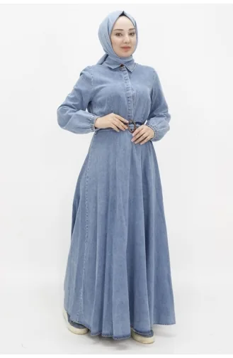 Robe En Jean Hijab Avec Manches Ballon Et Ceinturée 1660-02 Bleu Glace 1660-02