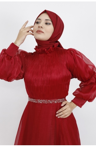 Dalya Stoffgürtel Stoned Hijab Abendkleid 4171-02 Weinrot 4171-02