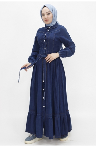 Düğmeli Ve Kemerli Kot Elbise 1565-01 Koyu Kot Mavi