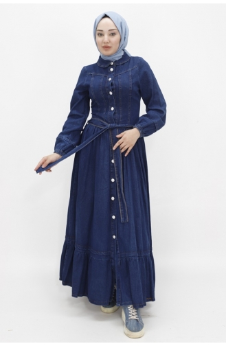 Düğmeli Ve Kemerli Kot Elbise 1565-01 Koyu Kot Mavi