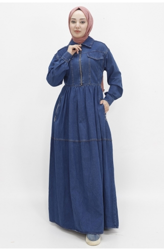 Gömlek Yaka Cep Fermuar Detaylı Tesettür Kot Elbise 1643-01 Koyu Kot Mavi