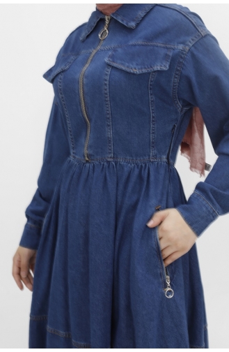 Hemdkragen Tasche Reißverschluss Detailliertes Hijab-Jeanskleid 1643-01 Dunkles Denimblau 1643-01