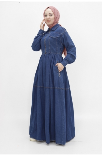 Hemdkragen Tasche Reißverschluss Detailliertes Hijab-Jeanskleid 1643-01 Dunkles Denimblau 1643-01