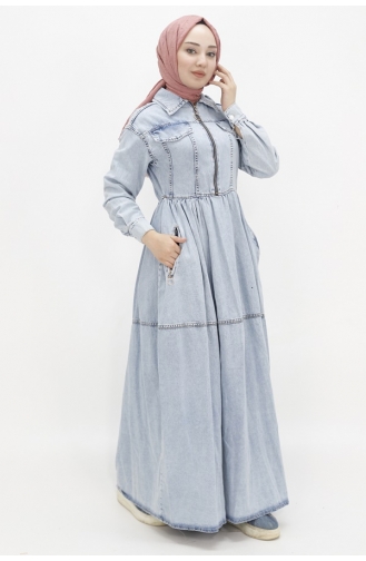 Hemdkragen Tasche Reißverschluss Detailliertes Hijab-Jeanskleid 1643-02 Eisblau 1643-02