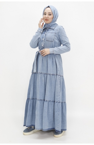 Gömlek Yaka Cepli Kot Elbise 1552-01 Buz Mavisi