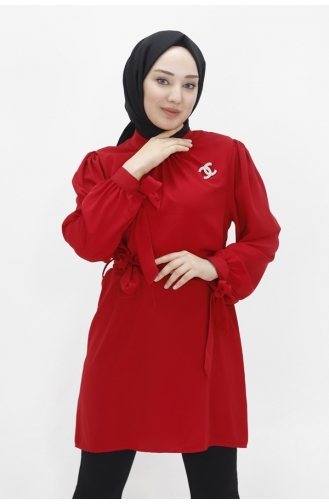 تونيك للحجاب وبروش قماش كريستال 24003-02 لون أحمر 24003-02