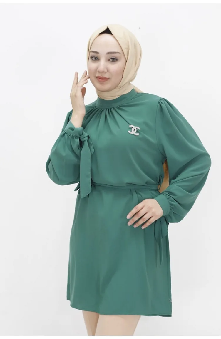 Crystal Fabric Brooch Hijab Tunic 24003-04 Emerald Green 24003-04
