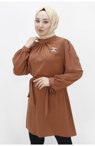 تونيك بتصميم قماش كريستالي للحجاب 24003-05 لون أسمر ضارب للصفرة 24003-05