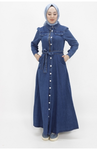 Fake Pocket Detailed Buttoned Hijab Denim Dress 1658-01 Dark Denim Blue 1658-01