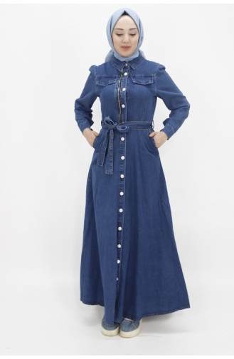 Hijab-Jeanskleid Mit Fake-Tasche Und Knöpfen 1658-01 Dunkles Denimblau 1658-01